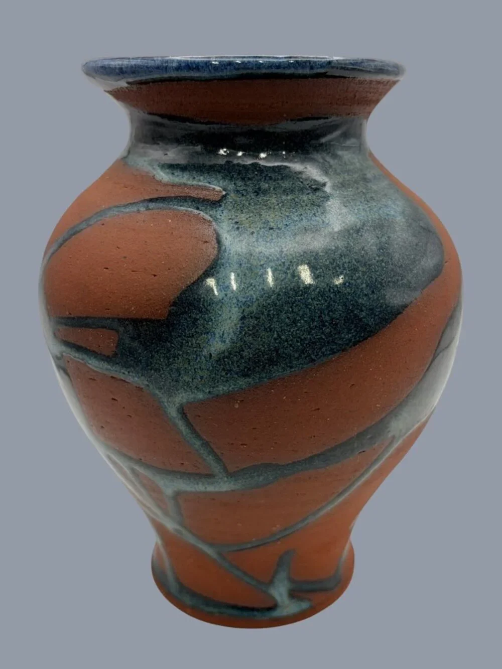 SIGNED Prisca Studio Pottery Vase Blue Drip Glaze Terracotta Art Ceramic 7.5”